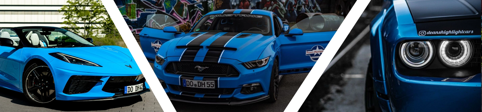 Drei blaue Sportwagen in einer Collage, einschließlich eines Corvette und eines Mustang.