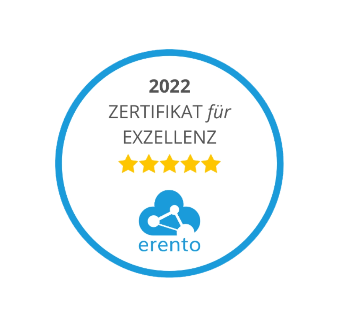 Zertifikat für Exzellenz 2022 mit fünf Sternen und erento-Logo.