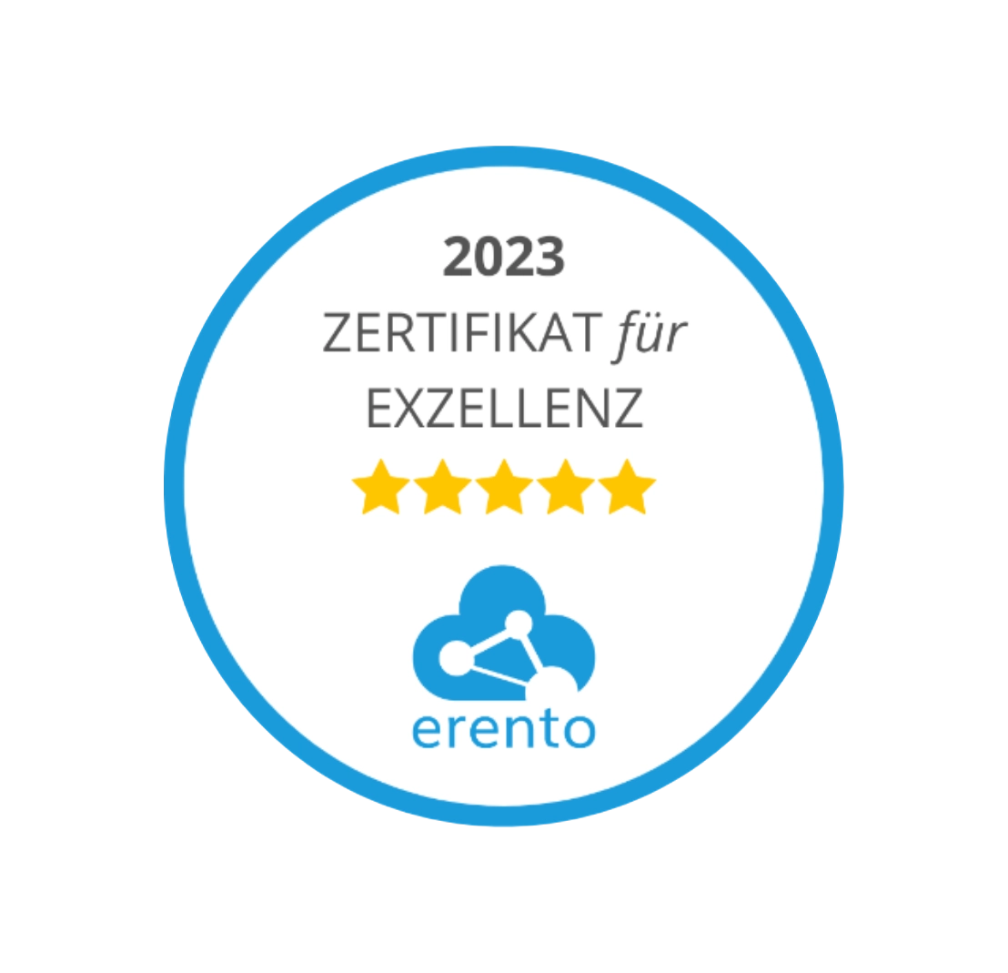Rundes Zertifikat für Exzellenz 2023 mit fünf Sternen und erento-Logo.
