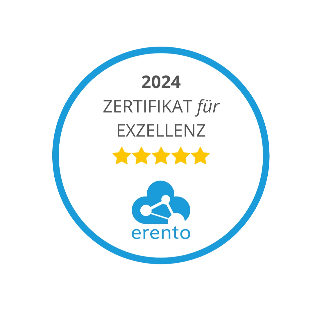 Rundes Zertifikat für Exzellenz 2024 mit fünf goldenen Sternen und erento-Logo.