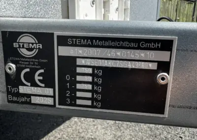 Datenblatt des Stema Metallleichtbau Typ 01 mit technischen Spezifikationen und CE-Kennzeichnung.