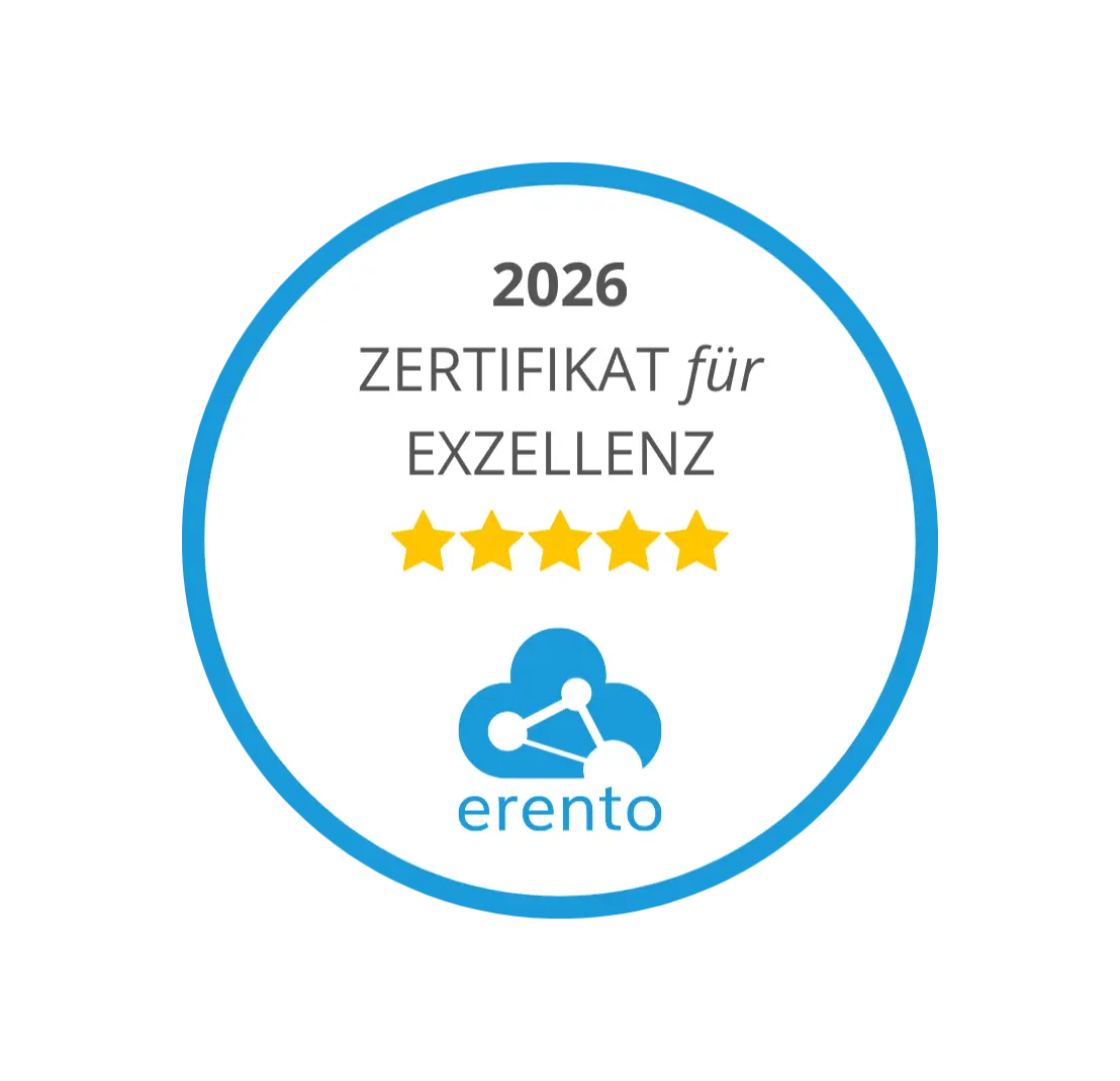 Zertifikat für Exzellenz 2026 von erento mit fünf goldenen Sternen und einem blauen Cloud-Logo.